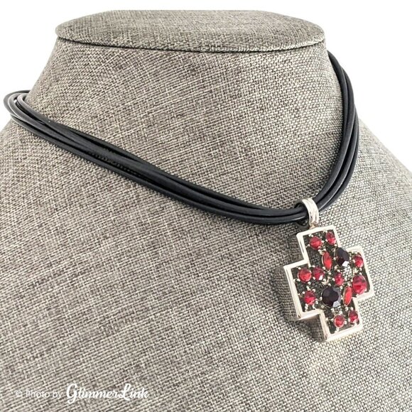 VCLM Multi Strand Black & Red Rhinestone Crystals Cross Pendant Choker Necklace - Picture 2 of 7